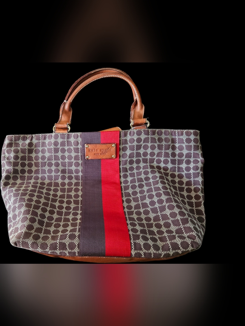 Kate Spade Noel Dot Jacquard Tote Bag Brown Red Stripe Leather Trim - Picture 5 of 10